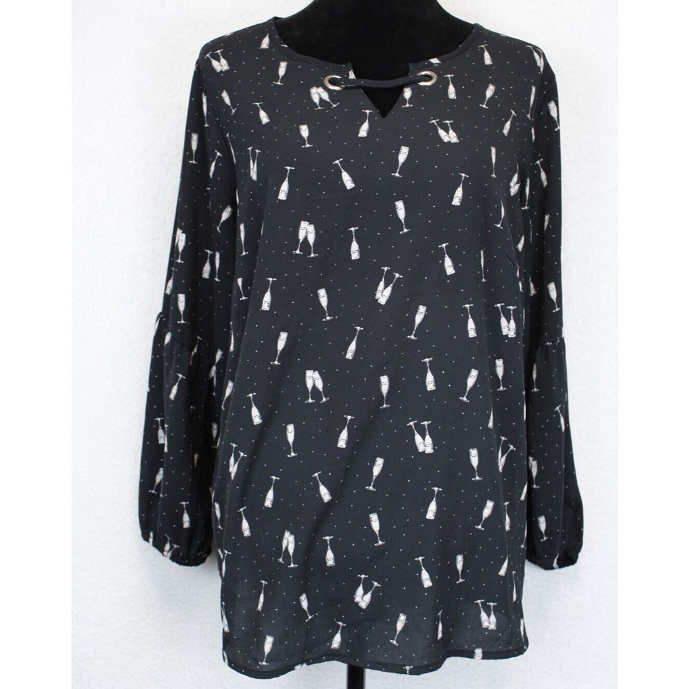 Roz & Ali Popover Tunic Wine Glass Print Blouse Women 1X Peasant‎ Sleeve Black